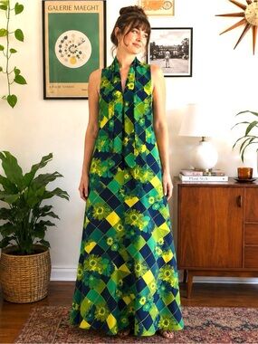 Vintage 60s Kay Winsor Groovy floral Maxi Dress M
